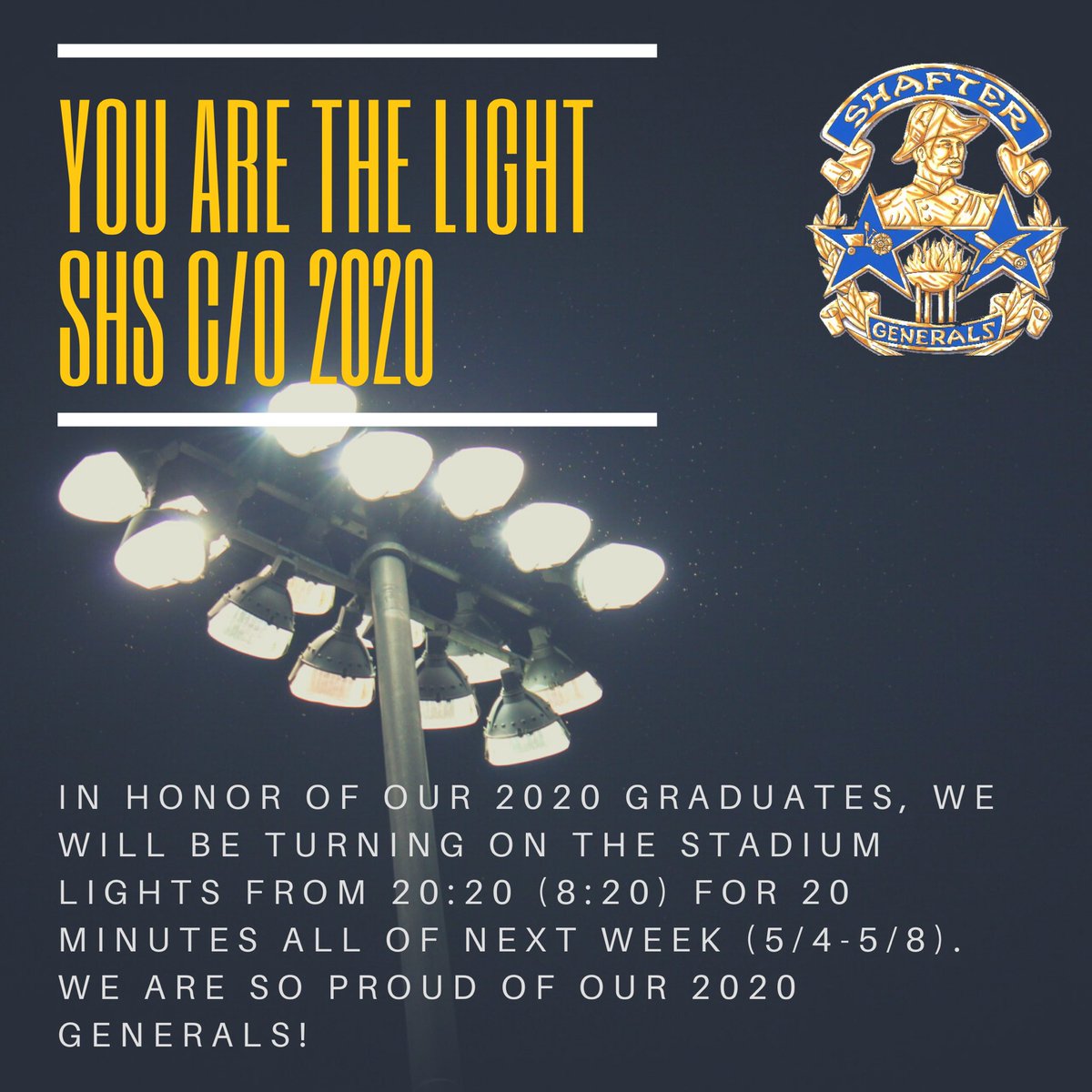 ShafterHigh's tweet photo. For the AWESOME CLASS OF 2020! You seniors have and CONTINUE to make us all proud! @AsbShafter @ShafterTennis_G @ShafterFootball @ShafterTrack @ShHSboyssoccer @Shafter_Swim @shafterWREST @shaftersoftball @ShafterBoysBB @LadyGeneralsBB @LadyGenVBall @ShafterBaseball @KHSDAthletics https://t.co/XNSrPWYeo0
