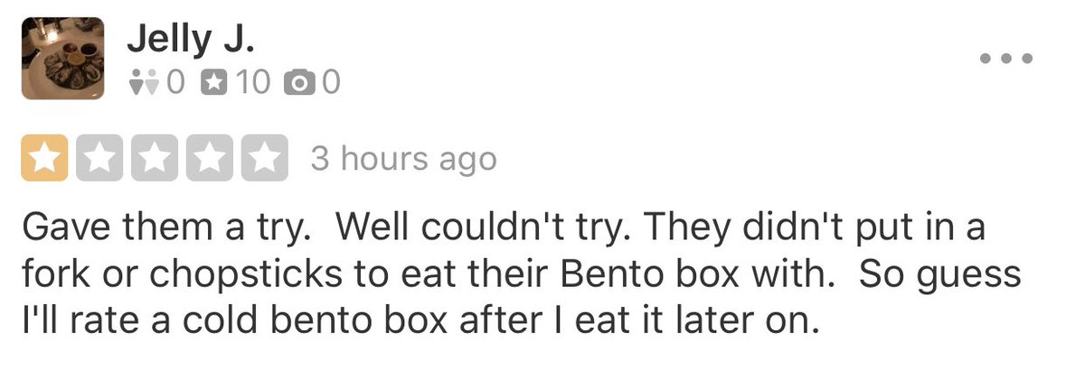 thewillywang's tweet photo. Time to call out some of the shit I have to deal with as a restaurateur:
Ingrate gives 1* review for not receiving utensils during a pandemic (and it wasn’t a delivery- she came to pick up her Grubhub order!) https://t.co/FacI5br0tn