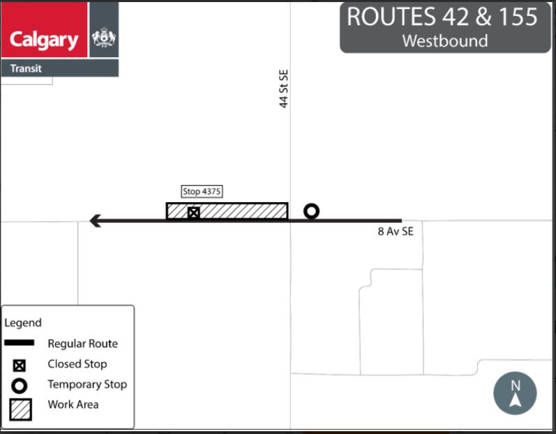 calgarytransit's tweet photo. #CTRiders STOP CLOSURE #Route155 #Route42 On Sat, May 2 between 7 AM &amp; 5 PM, stop #4375 located on westbound 8 Ave SE at 44 St SE will be closed due to utility work. A temporary stop will be provided on westbound 8 Ave SE nearside of 44 St SE. https://t.co/qX5teLwIps https://t.co/qukKhS3Psf