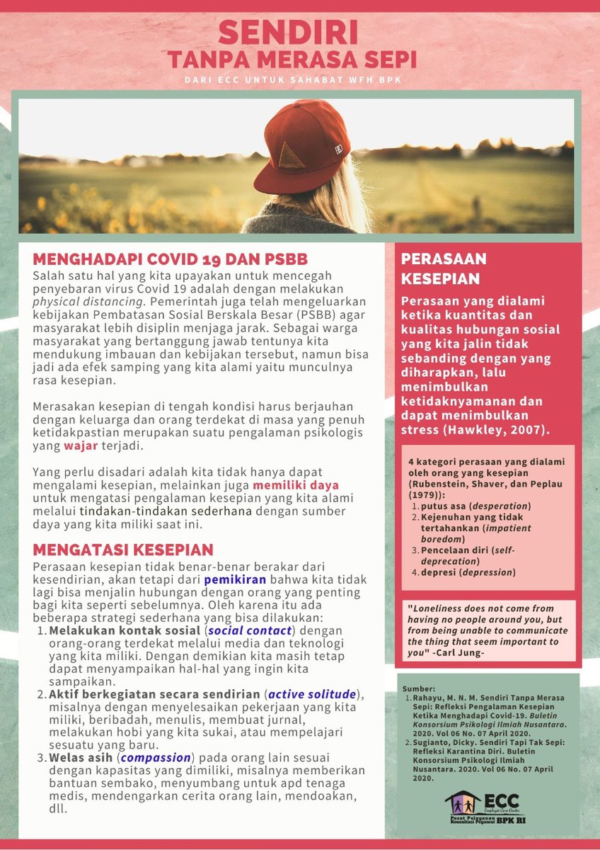 eccbpk's tweet photo. Physical distancing dan kebijakan PSBB membuat kita membangun jarak dengan rekan kerja kita, lingkungan sosial kita, bahkan bisa juga dengan keluarga kita. Karenanya sangat mungkin kita mengalami perasaan kesepian. 
Simak edisi khusus WHF ke 46 seri "Sendiri Tanpa Merasa Sepi". https://t.co/3VMw0slsEa