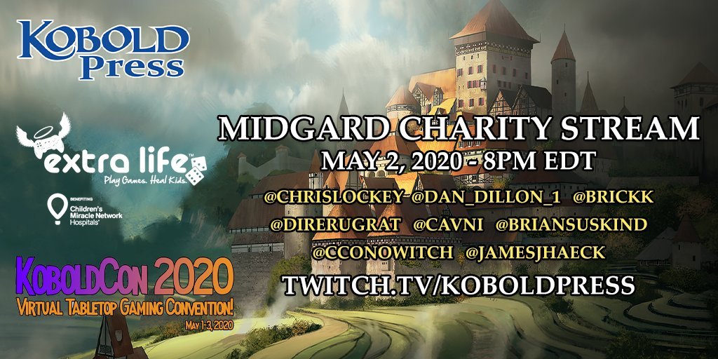 Kobold_Con's tweet photo. Saturday @KoboldPress will be playing a Midgard one-shot to raise money for Extra Life during #VirtualKoboldCon starting at 8PM EDT this Saturday on https://t.co/tZXUKSPdwf!

#DnD #ExtraLife #dnd5e #roleplayinggames https://t.co/tudxCPuWoC