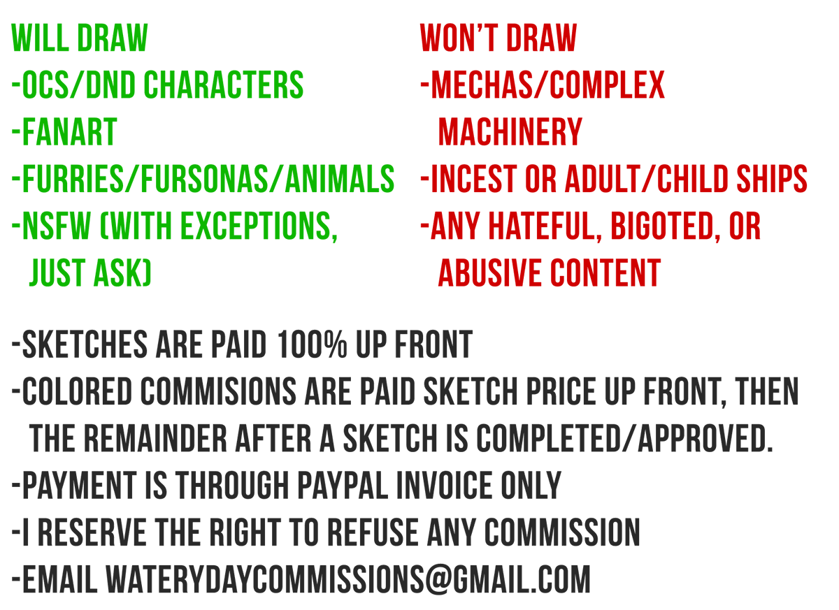 ?commissions are open!!!! ?
5 slots are available, email me at waterydaycommissions@gmail.com to request a slot. if you have any questions feel free to ask! 