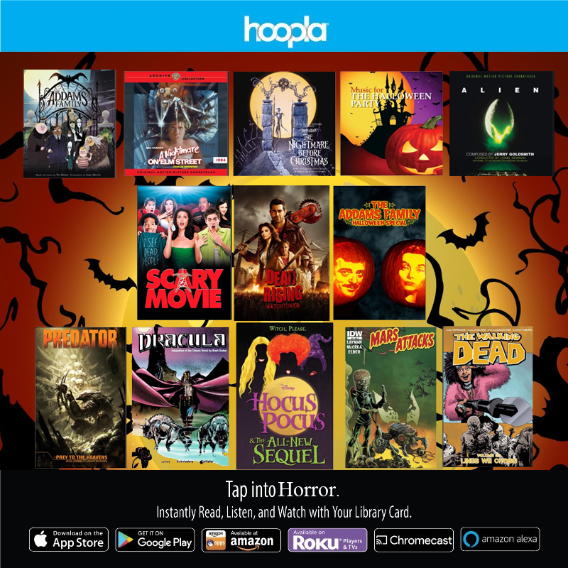 merricklibrary's tweet photo. Celebrate the halfway to Halloween with these spooky sounds, movies and e-books! Available on Hoopla!
#merricklibrary #Halloween #HalfwayToHalloween #hoopla #spooky https://t.co/B1voVCsyp5