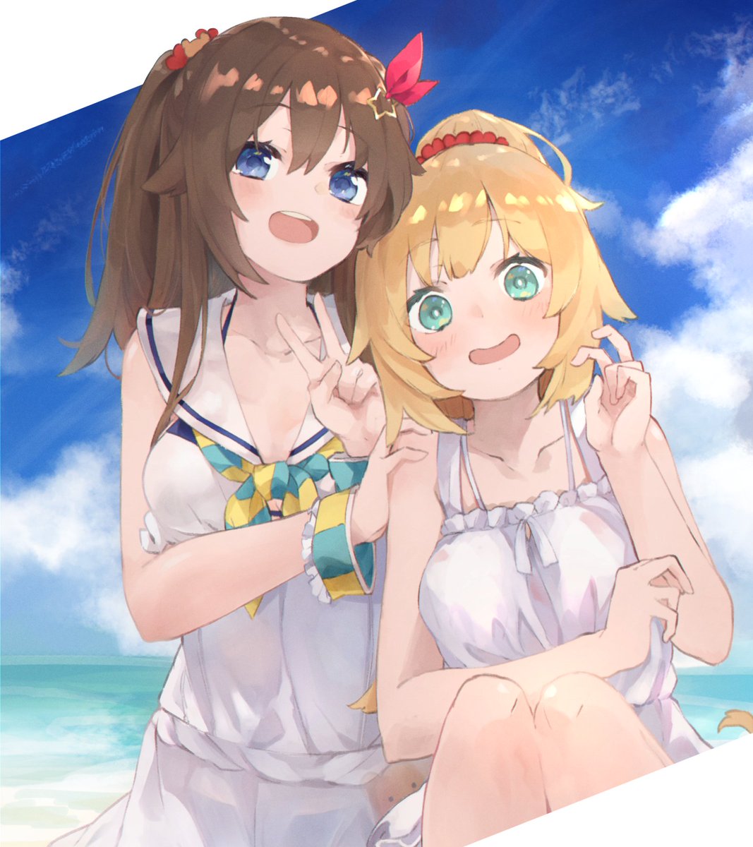 アキ・ローゼンタール ,さくらみこ 「#ホロコミイラスト
5月だけど最近暑いので気分はこんな感じ 」|枷(かせ)🐻💿のイラスト