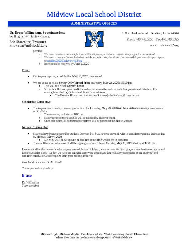 midview_2020's tweet photo. Please read the following updates about COMMENCEMENT, PROM, SCHOLARSHIP CEREMONY, and NATIONAL SIGNING DAY. https://t.co/vKxSh2kgfF