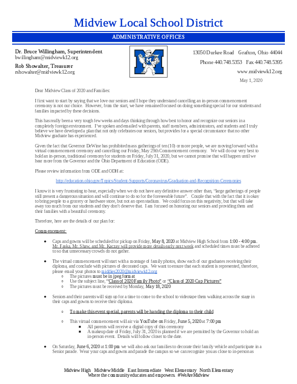 midview_2020's tweet photo. Please read the following updates about COMMENCEMENT, PROM, SCHOLARSHIP CEREMONY, and NATIONAL SIGNING DAY. https://t.co/vKxSh2kgfF