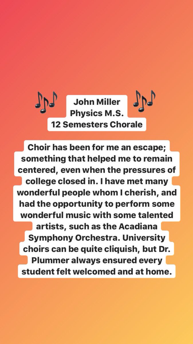 SENIOR SPOTLIGHT! John Miller, Physics M.S. has been a loyal member of The UL Chorale for 12 whole semesters through multiple degrees! Thanks for being an amazing part of this family through all these years!!