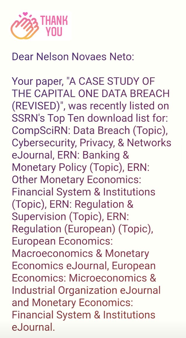 Thank you all! In just 3 days our research paper, "A Case Study of Capital One Data Breach"  was recently listed on SSRN's Top Ten download lists.lnkd.in/drQYVbH"
Keep in touch!We are "cooking" a new research:"A Global Data Breach Database".Coming soon.<a href="/MITSloan/">MIT Sloan School of Management</a> <a href="/MITCAMS/">CAMS: Cybersecurity At MIT Sloan</a>