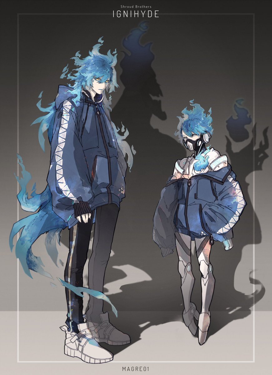 fiery hair headphones blue hair respirator male focus jacket long hair  illustration images