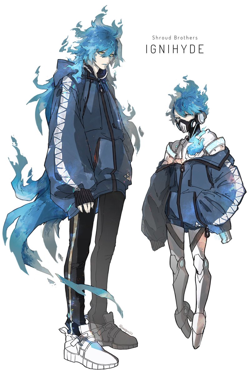 fiery hair headphones blue hair respirator male focus jacket long hair  illustration images
