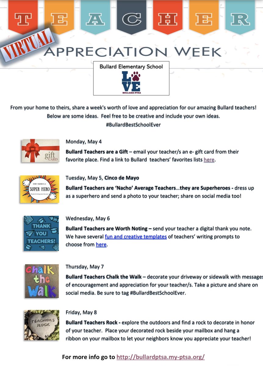 Bullard PTSA (@ptsabullard) on Twitter photo Please RT to spread the word next week is Teacher Appreciation Week. Teachers deserve our ❤️ now more than ever! We have a fun week planned <a href="/bullardbulldogs/">Bullard Elementary</a> We ❤️ our teachers!!! <a href="/CobbSchools/">Cobb County Schools</a> #TeachersAreHeroesToo Please RT to spread the word next week is Teacher Appreciation Week. Teachers deserve our ❤️ now more than ever! We have a fun week planned <a href="/bullardbulldogs/">Bullard Elementary</a> We ❤️ our teachers!!! <a href="/CobbSchools/">Cobb County Schools</a> #TeachersAreHeroesToo