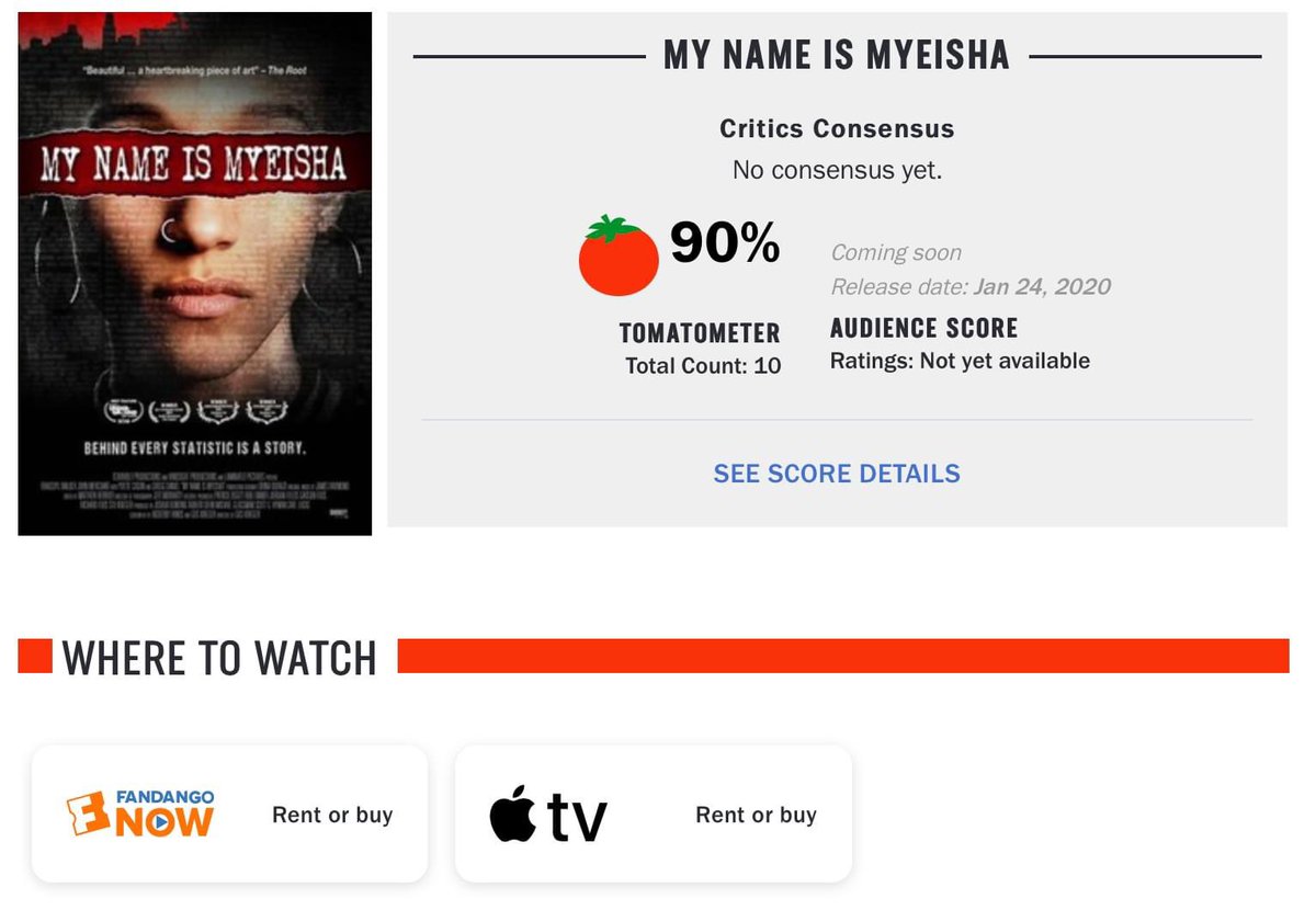 . <a href="/RottenTomatoes/">Rotten Tomatoes 🍅</a> encourages you to check out <a href="/mynameismyeisha/">My Name Is Myeisha</a>! #Fresh #movies #FilmTwitter #womeninfilm #BlackLivesMatter