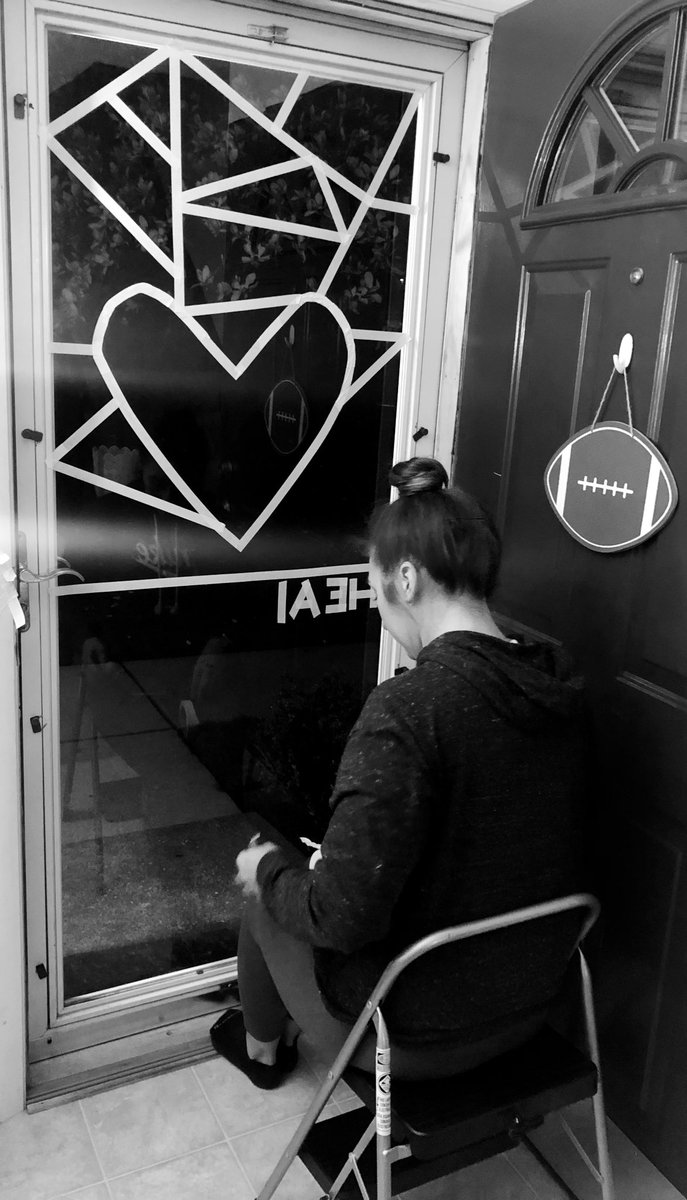 CoachRiemedio's tweet photo. Showing our love and appreciation for all the Healthcare Workers around the 🌎!

@mobeaty25 came up with the idea, stayed up late to prep the window, &amp; surprised #BoogieGirl in the AM to paint our faux stain glass door! 

#UnitedAsOne💪🏽
#Hearts4HealthcareWorkers❤️ https://t.co/t9SIGeCkkP