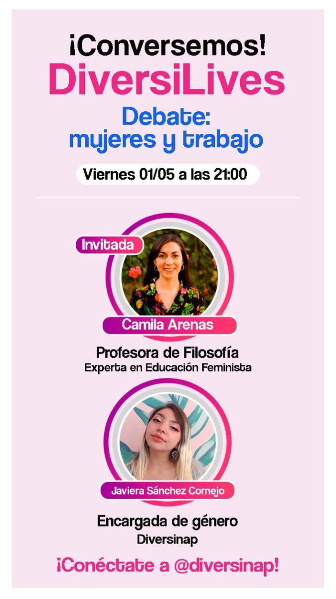 A las 21 hrs nuestra compañera @camilaarenasc estará de invitada en <a href="/diversinap/">Diversinap EGGP</a> conversando sobre Mujeres y Trabajo