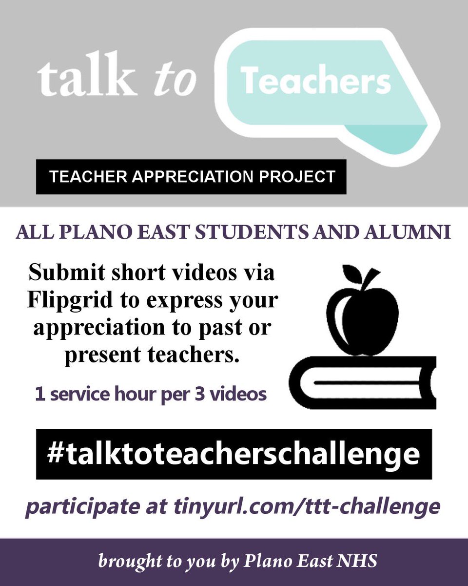 Appreciate your hardworking teachers by sending in a video to flipgrid!!  Still need service hours? Send in 3 video showing your appreciation for 1 hour of service :) #talktoteacherschallenge