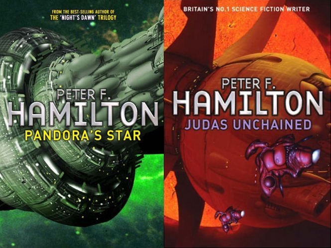 Peter F Hamilton's Commonwealth Saga and Void Trilogy cover universe affecting events, monopolising megacorps, ancient alien races, and use the old Clarke adage, that sufficiently advanced technology is indistinguishable from magic, to edge scifi into fantasy.