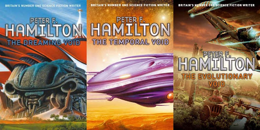 Peter F Hamilton's Commonwealth Saga and Void Trilogy cover universe affecting events, monopolising megacorps, ancient alien races, and use the old Clarke adage, that sufficiently advanced technology is indistinguishable from magic, to edge scifi into fantasy.
