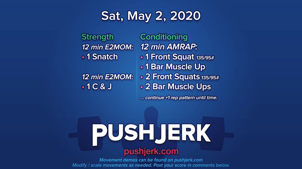 PushJerk's tweet photo. Sat, May 2, 2020 โข https://t.co/46IJmcscNo
#garagegym #homegym #crossfit #wod ๐ #snatch ๐๏ธโโ๏ธ #cleanjerk ๐ฟ๐ #squats ๐ #barmu โ๐ช https://t.co/C2zcCl1JRL