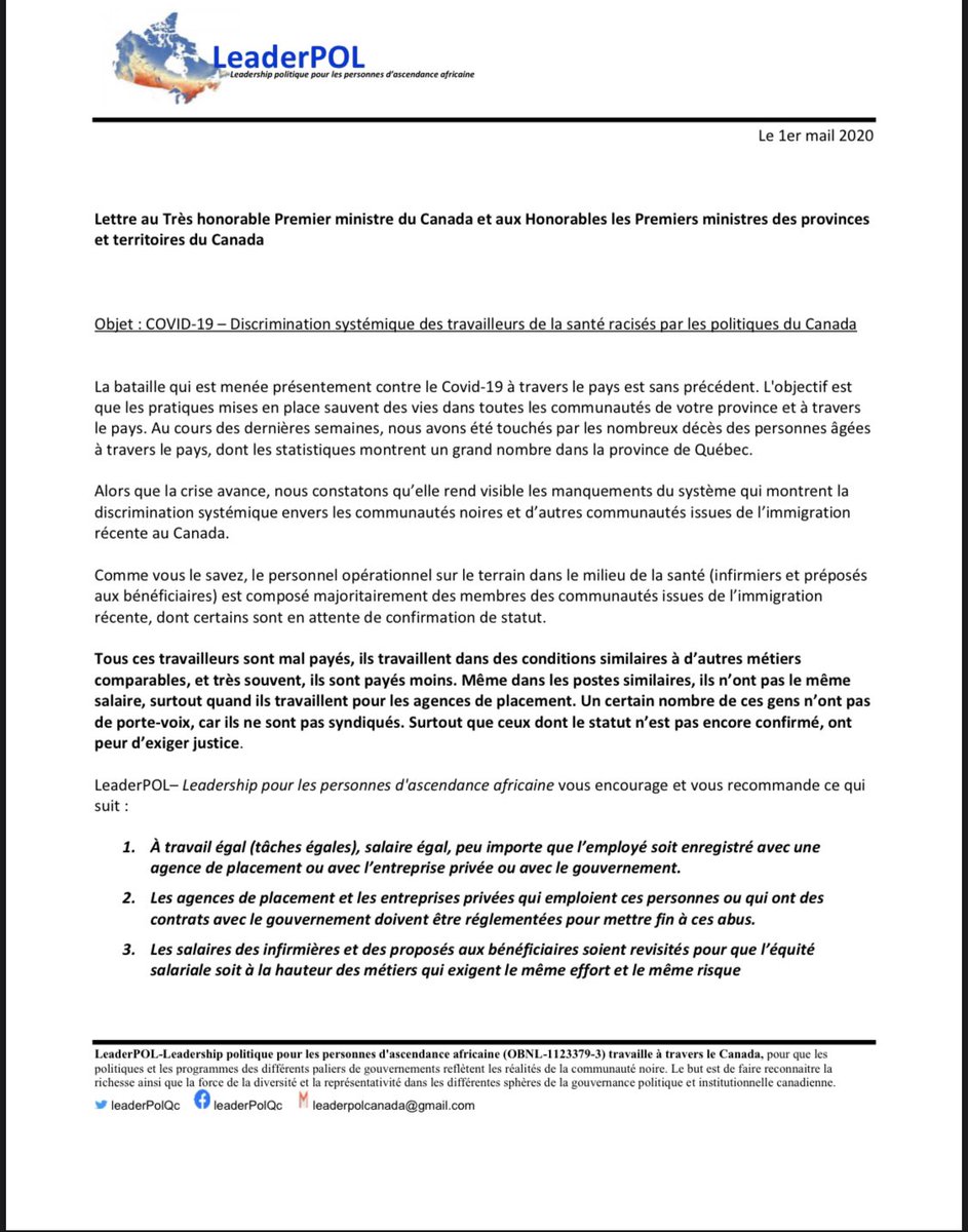 LeaderPOLCanada's tweet photo. Leader POL encourage et recommande les mesures suivantes en ce qui concerne la discrimination systémique des travailleurs de la santé.  #LeaderPOL #polican #communaute https://t.co/qUGP1Ge6Yb