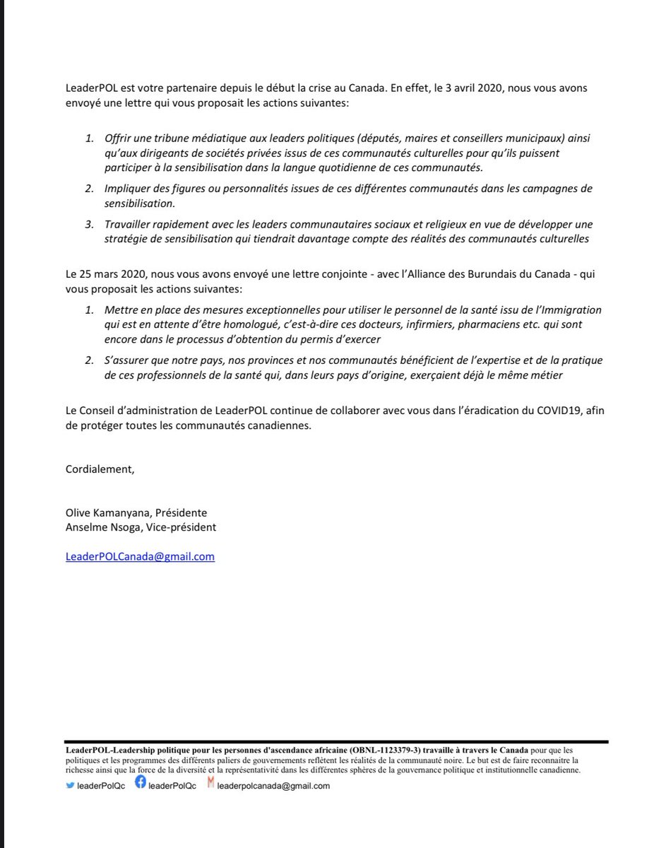 LeaderPOLCanada's tweet photo. Leader POL encourage et recommande les mesures suivantes en ce qui concerne la discrimination systémique des travailleurs de la santé.  #LeaderPOL #polican #communaute https://t.co/qUGP1Ge6Yb