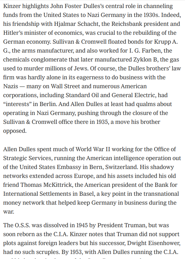 Since it wasn't mentioned explicitly in the other threads I linked in, here's a quick primer on the Dulles brothers. Allen Dulles' assets "included his old friend Thomas McKittrick, the American president of the Bank for International Settlements in Basel"  https://www.nytimes.com/2013/11/10/books/review/the-brothers-by-stephen-kinzer.html