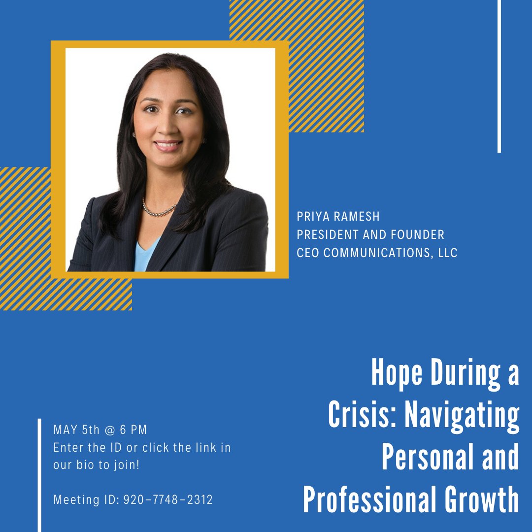prssasjsu's tweet photo. Our next virtual event is a live chat through Zoom with @priaramesh, founder and president of @ceocomms. She'll discuss how to take control of your personal and professional growth during a crisis. Come ready to take notes, ask questions and leave inspired! https://t.co/Cjt2zuASwn