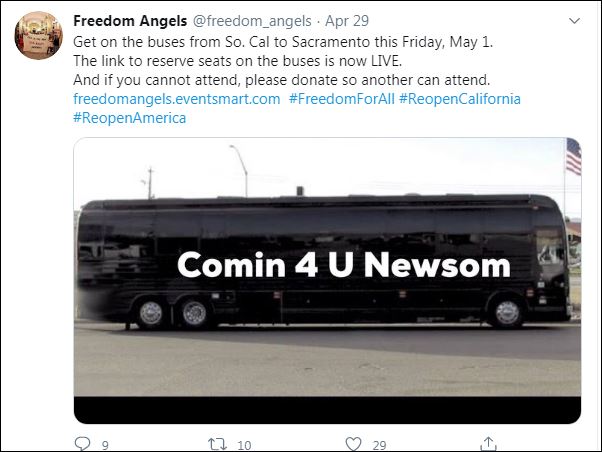 darrenmeade's tweet photo. @noUpside I had never heard of @freedom_angels until your tweet, however, they seem to be protesting Newsom's violation of our constitutional rights over a virus that has a mortality rate of less than 3/10ths of 1%. https://t.co/azjbqBtWhL