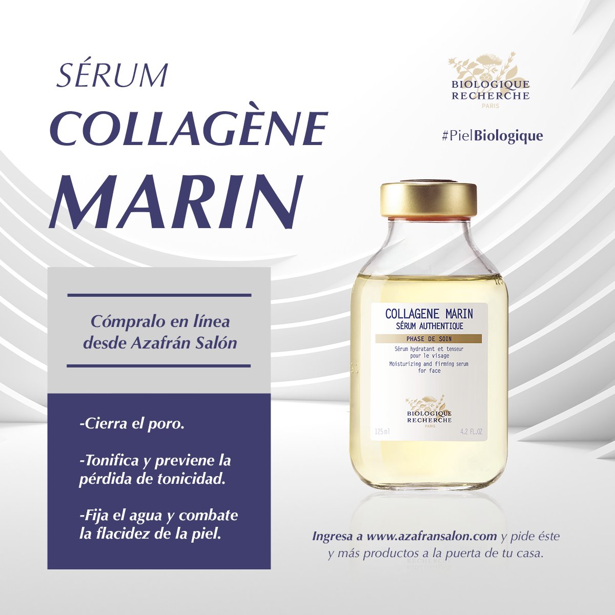 Sigue cuidando tu piel aún desde casa. Entra a  azafransalon.com y conoce el catálogo de productos disponibles para llegar a la puerta de tu casa. 
Nuestro Sérum Collagène Marin es uno de ellos.