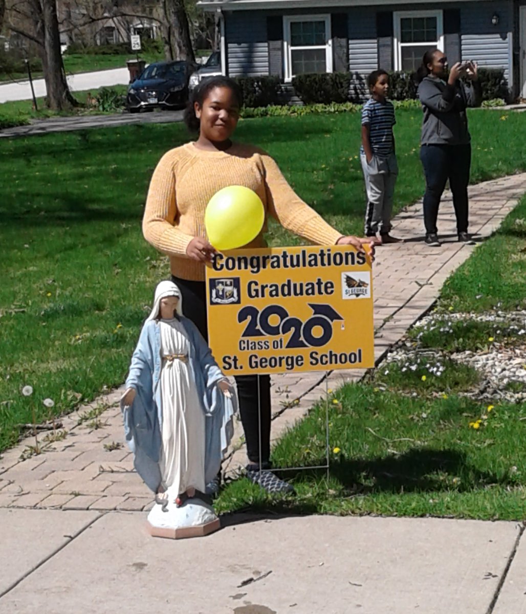 SGS_Dragons's tweet photo. No surprise here - Sara and Alex were all smiles and quick to make their way outside when they heard the honking and cheering of the SGS faculty!  You make us smile too, girls! @ChiCathSchools #MayCrowning #Dragonpride #Classof2020 https://t.co/1NUtnznQBr