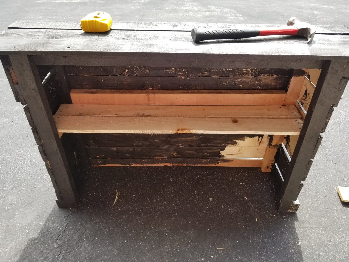 THEESellers3's tweet photo. Ronin and I worked very hard on his workbench from a week or so ago, but today we added a shelf for all his chalk, bubbles, and other necessities.  #fathersonproject #madefromnothing https://t.co/RS53xqmXHX