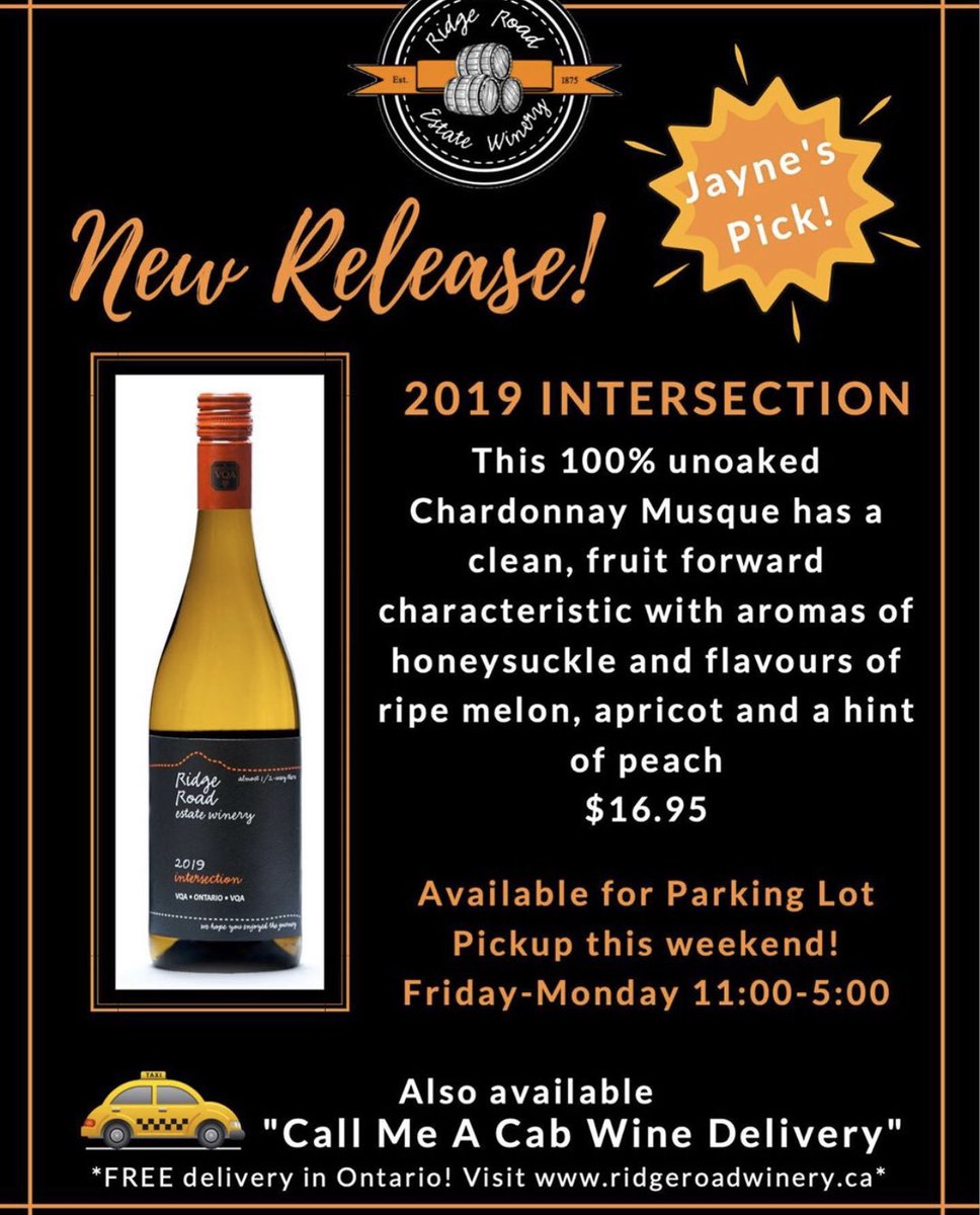 Ridge Road Winery (@ridgeroadwinery) on Twitter photo New release 2019 Intersection, available for parking lot pick up this weekend Fri to Mon 11 to 5 <a href="/WineCountryOnt/">Wine Country Ontario</a>
#curbsidepickup #VQADelivery #SupportLocal New release 2019 Intersection, available for parking lot pick up this weekend Fri to Mon 11 to 5 <a href="/WineCountryOnt/">Wine Country Ontario</a>
#curbsidepickup #VQADelivery #SupportLocal