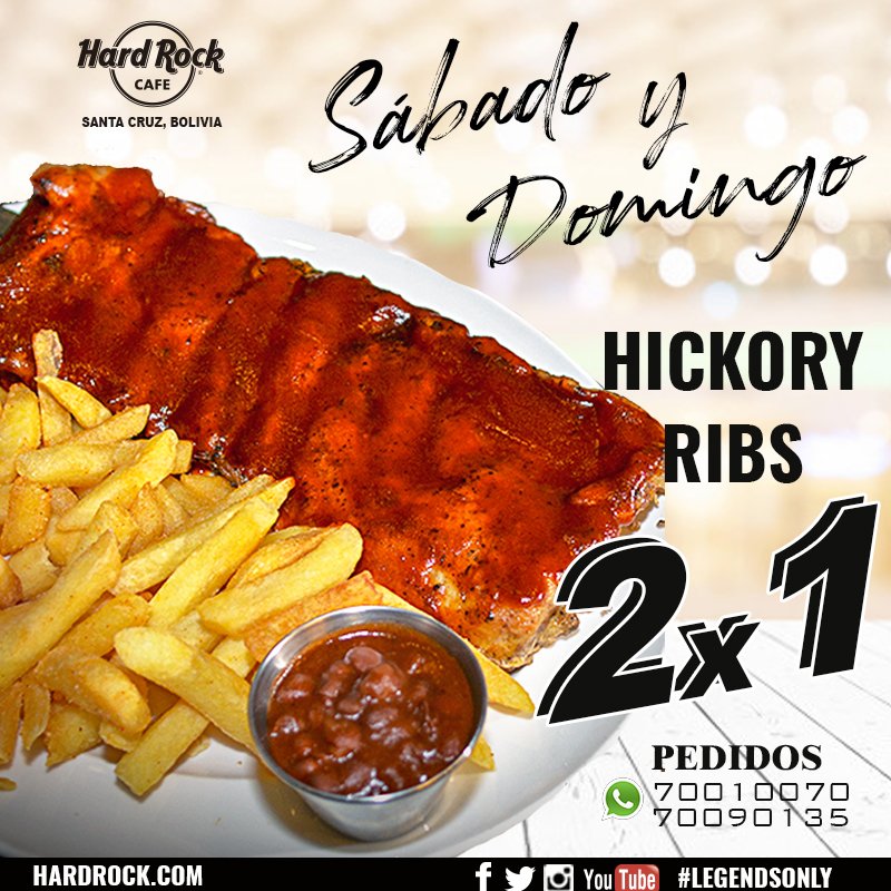 Este fin de semana podés darte el gusto de probar las deliciosas costillas de cerdo al 2x1.Quedate en casa, te queremos sano.😷🤘Realiza tu pedido a nuestras líneas habilitadas....
👉 bit.ly/Hard_Rock_Scz
👉 bit.ly/HardRock_pedid…
#LaMejorPromo #HardRockCafeScz #QuedateEnCasa