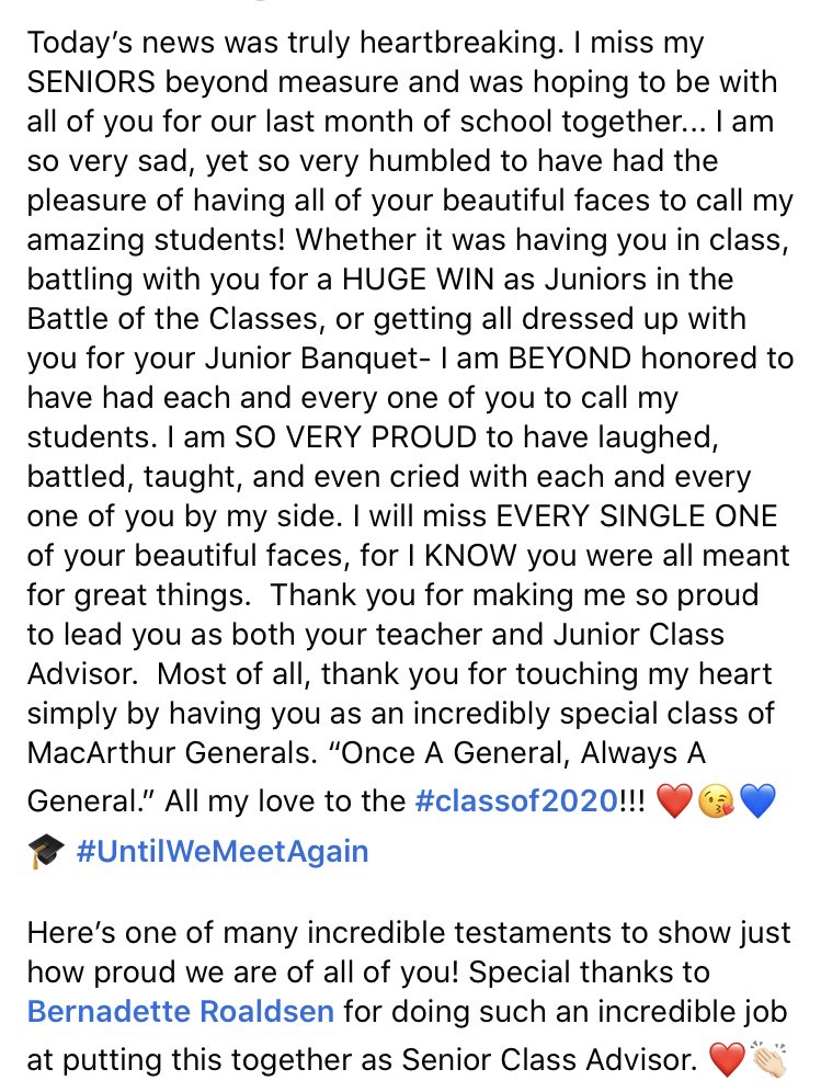 MissMignone's tweet photo. #ClassOf2020 #MacArthurGenerals ❤️ https://t.co/MLzsP9wpou