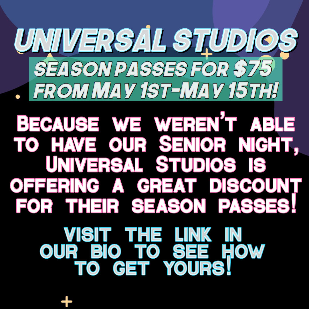 saugus2020's tweet photo. Hey seniors I know we are all so bummed about missing grad night! @UniStudios has offered seniors an opportunity to purchase season passes for the price of a grad night ticket! Check it out, link in bio💙 https://t.co/47XVQiI5DL