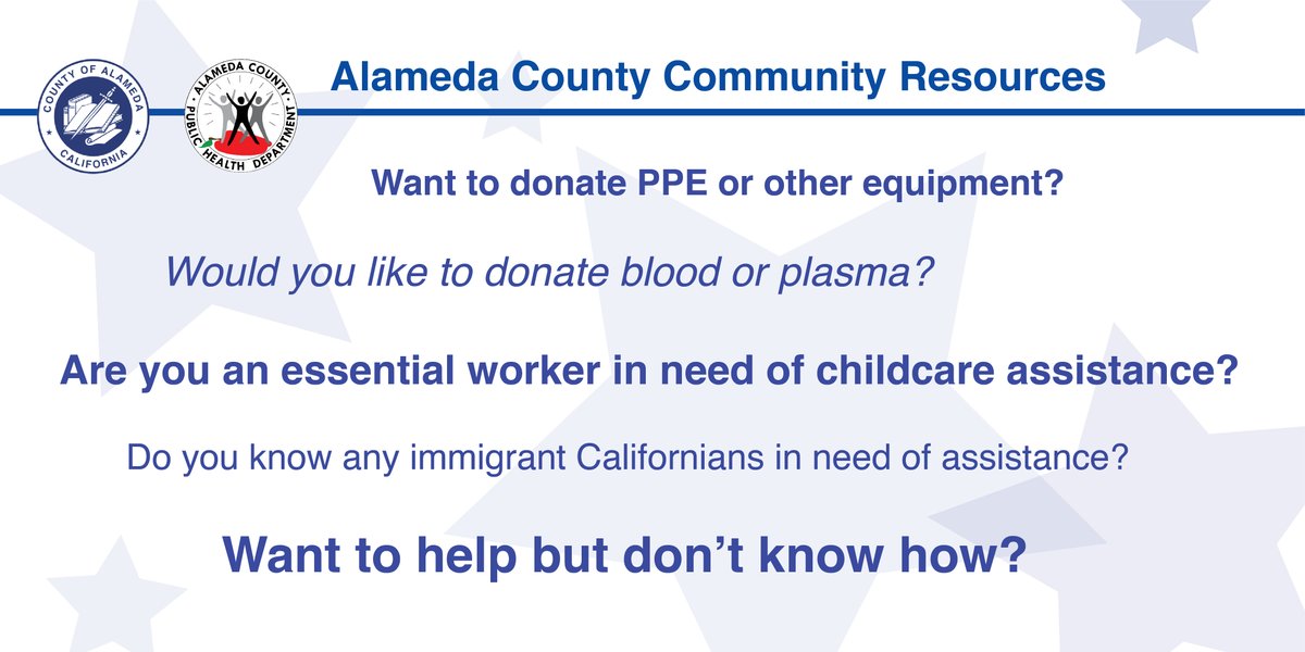 Alameda County Health (@dare2bwell) on Twitter photo Would you like to help during the Covid-19 response but don't know how? Check out our "How to Help Resource List" on our website, along with many other resources and benefits available to you during this time:
acphd.org/2019-ncov/reso…
#BeatCovid19
<a href="/AlamedaCounty/">Alameda County</a> Would you like to help during the Covid-19 response but don't know how? Check out our "How to Help Resource List" on our website, along with many other resources and benefits available to you during this time:
acphd.org/2019-ncov/reso…
#BeatCovid19
<a href="/AlamedaCounty/">Alameda County</a>