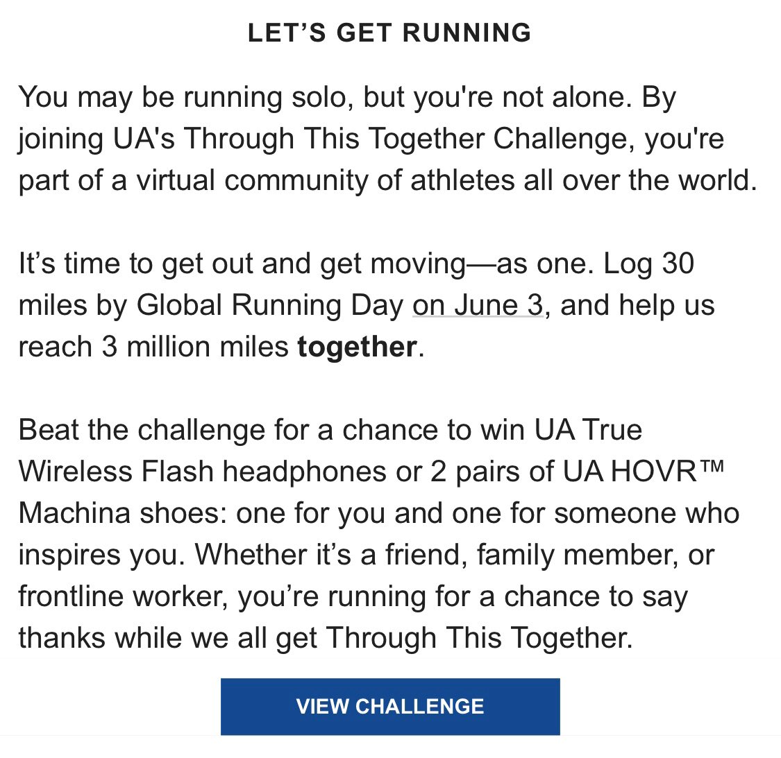 Únete al reto!! Registra al menos 30 millas antes del Global Running Day el 3 de junio y participa para ganar grandes premios. #throughthistogether #YoEntrenoEnCasa <a href="/UnderArmour/">Under Armour</a>