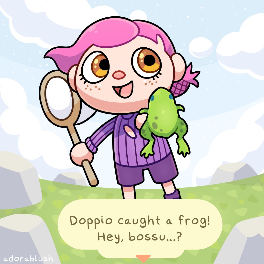 Doppio found his phone outside today, but the signal was a little jumpy 🐸 #JJBA #AnimalCrossing #ACNH