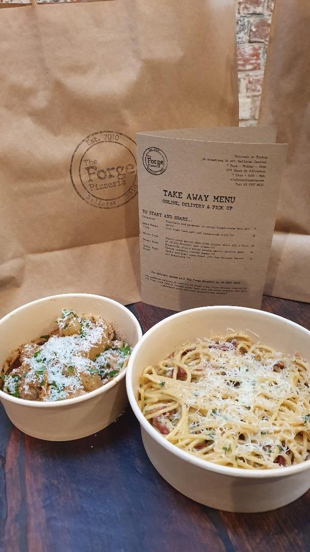 ForgePizzeria's tweet photo. Perfect day for Spaghetti Carbonara; Salt Kitchen pancetta, free range egg yolk, black pepper, a dash cream and finished off with pecorino 🤤 Preorders welcome. Available from Alfredton and Armstrong St now! https://t.co/9VHY7owDkG