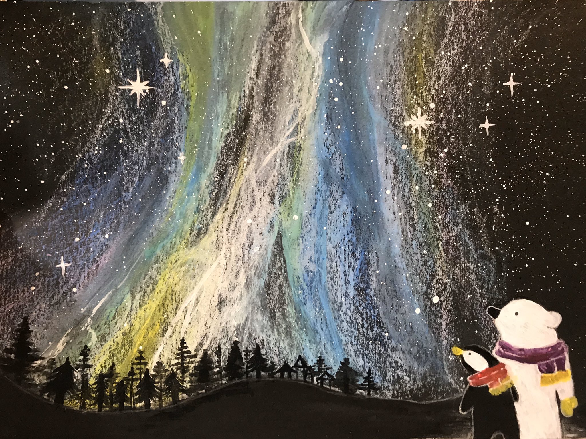 Twitter 上的 Minamike オーロラペンギン2です 白くまとペンギンシリーズ 黒い紙に書くの難しくて練習が かなり必要です クレヨン オーロラ オーロライラスト 夜空 白くま ペンギン 色鉛筆 絵描きさんと繋がりたい アナログイラスト T Co