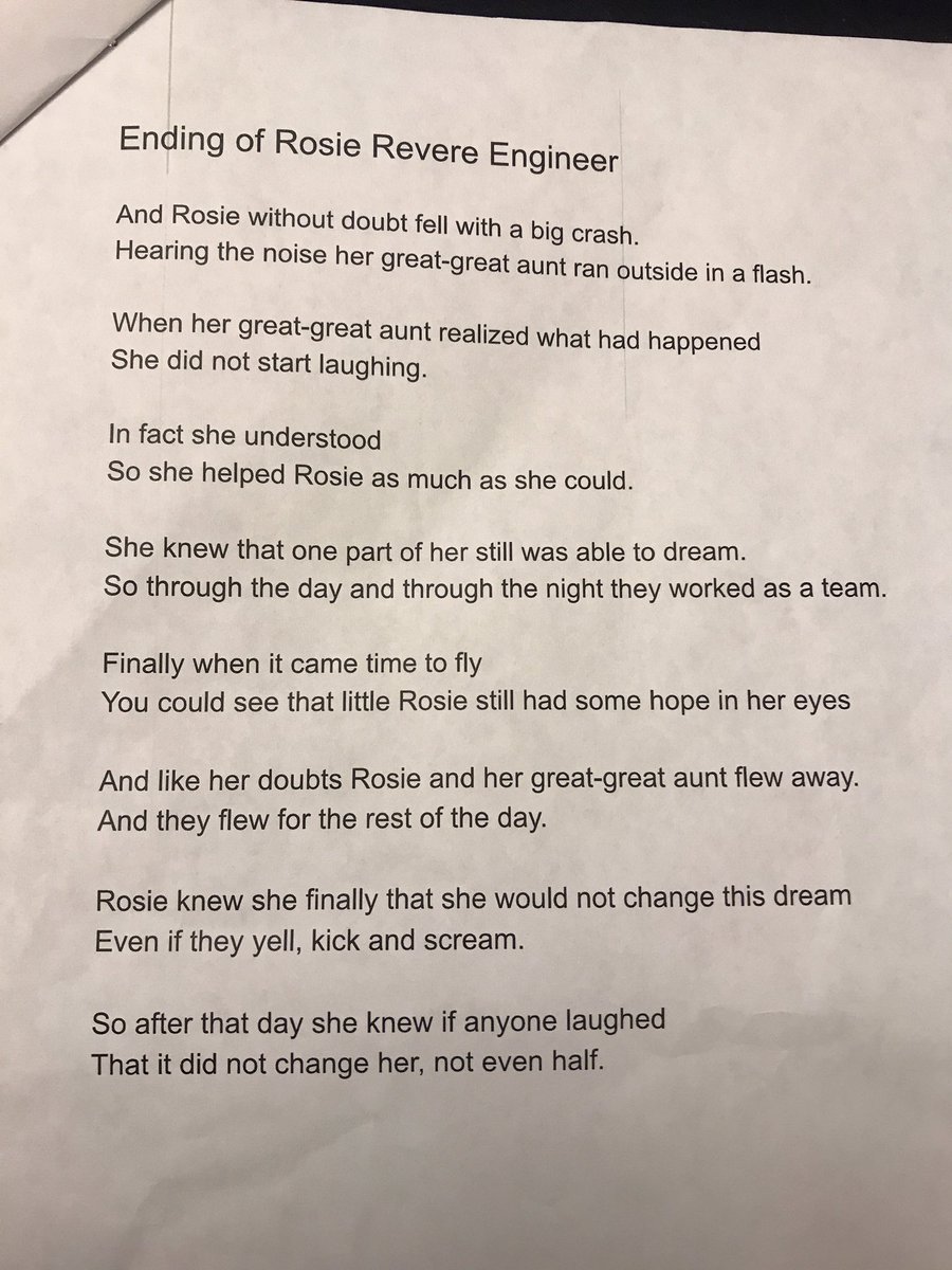 TeacherTiller's tweet photo. @andreabeaty during this new quarantine homeschooling I read a portion of Rosie Revere to my kids &amp; had them write an ending. The 11-year-old chose to keep the couplets going and did this! ❤️ https://t.co/JqmoDvXd2V
