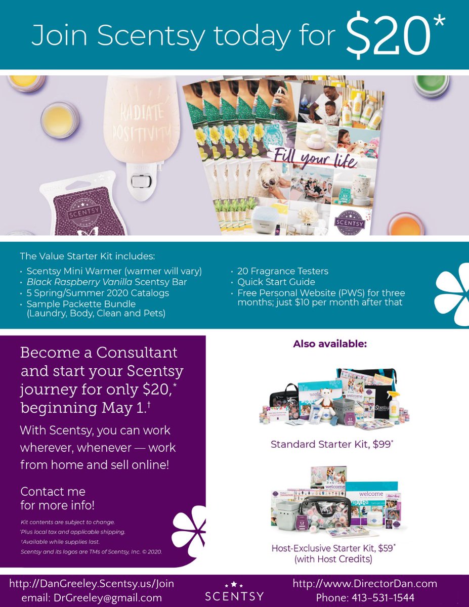 I have some awesome news!  You can join Scentsy in May for only $20 ... shut the front door!!!    Here's what you get in the introductory kit.  Let's get started today! DanGreeley.Scentsy.us/Join