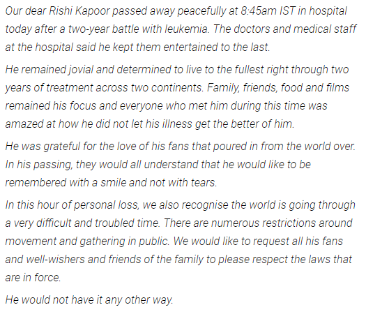 CNNnews18's tweet photo. A message from Rishi Kapoor's family

#RIPRishiKapoor | #RishiKapoor

Read: https://t.co/ewzF7bvqAW https://t.co/qjUyZ02qZT