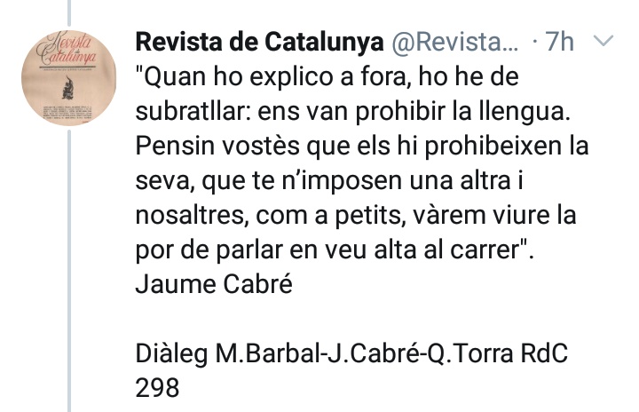 una_volta_era's tweet photo. @lavozdegalicia #PPSOE 
"Cando o explico fóra, teño que subliñalo: prohibíronnos a lingua. Pensa que están prohibidos deles, que che impoñen outro e nós, como nenos, vivimos o medo a falar en voz alta  na rúa ".
Jaume Cabré

Diálogo M.Barbal-J.Cabré-Q.Torra RdC 298 https://t.co/TJfoHVHujm