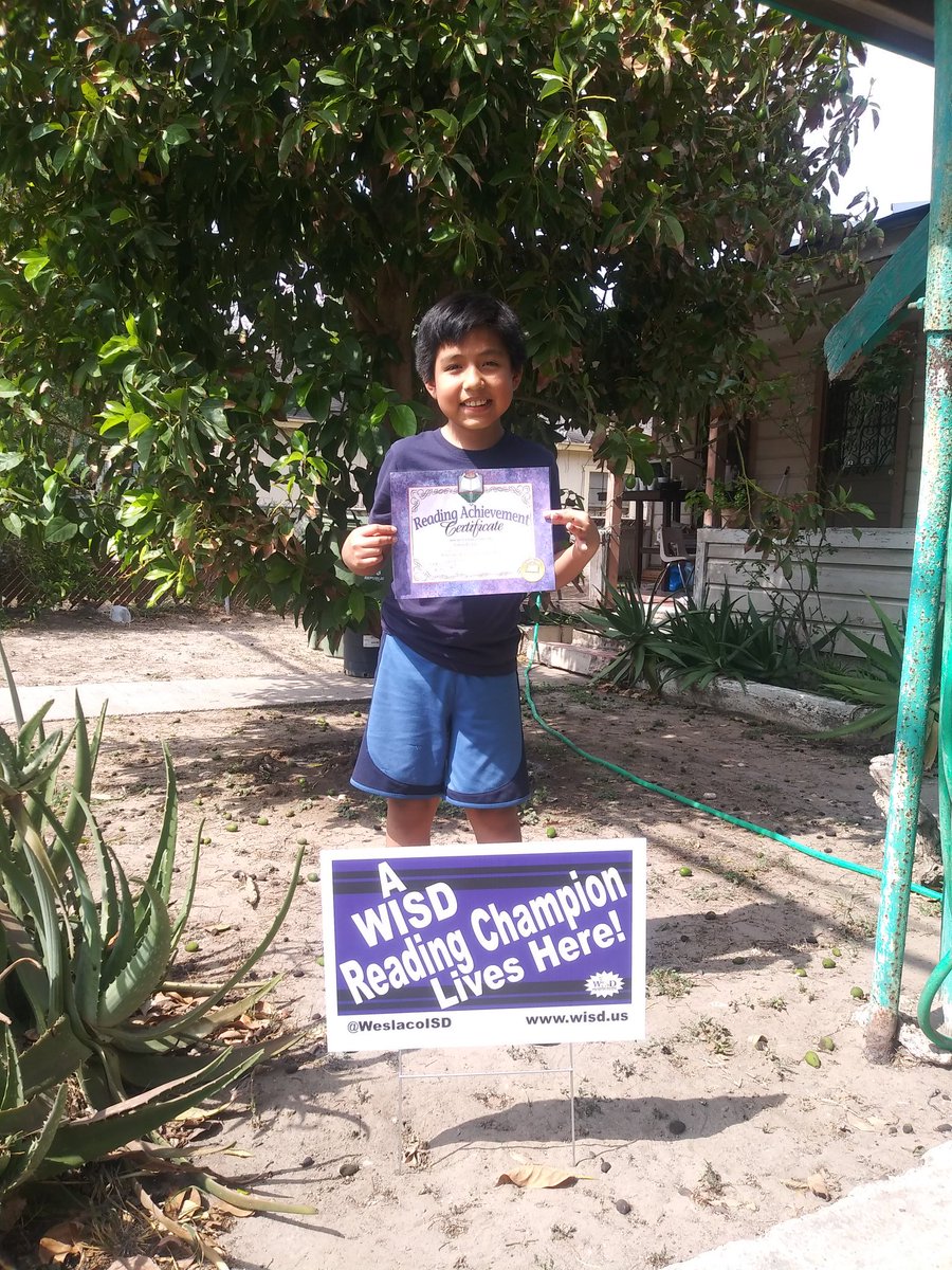 WISDSHElemLib's tweet photo. Congratulations to these two students. Nathan Pichales and Celeste Garza. Earning and receiving their Reading Champion signs today. We are so proud of both of you. #SamHoustonStrong #ocelotpride #WISDLibrarians #keepreading #keepthinking #keepsmiling https://t.co/LtQpjlSlSJ