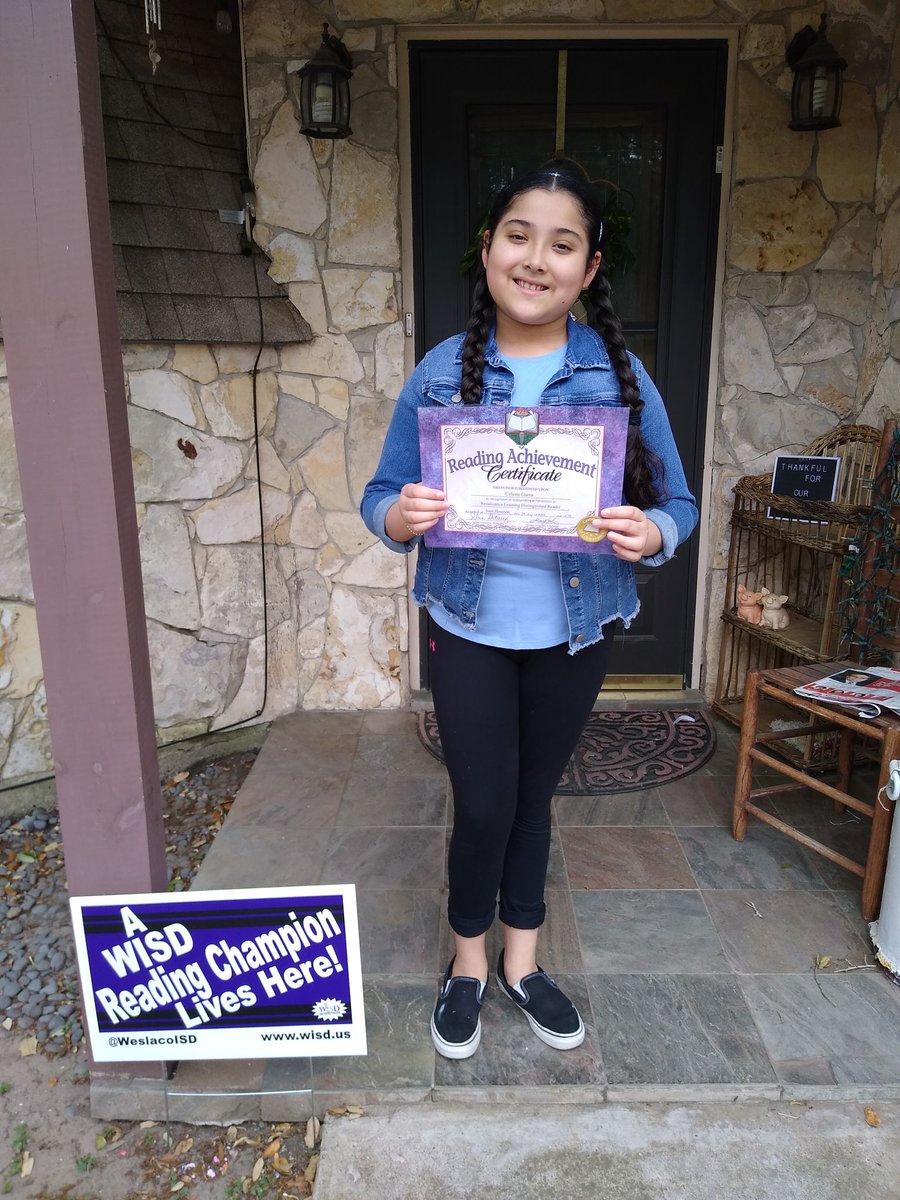 WISDSHElemLib's tweet photo. Congratulations to these two students. Nathan Pichales and Celeste Garza. Earning and receiving their Reading Champion signs today. We are so proud of both of you. #SamHoustonStrong #ocelotpride #WISDLibrarians #keepreading #keepthinking #keepsmiling https://t.co/LtQpjlSlSJ