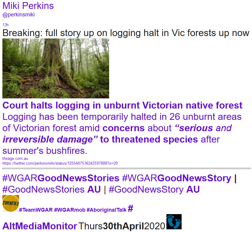 WgarNews's tweet photo. #WGARGoodNewsStory: #VictorianSupremeCourtHaltsLogging inUnburnt #VictorianNativeForest https://t.co/mEVCfJVpiG | By #MikiPerkins #PerkinsMiki @perkinsmiki #EnviroReporter #AgeJournalist 'theCaseIsLikelyToTakeMonths,IfNotYears,2Bdecided' | 30Apr20 #WGARmob https://t.co/IjjT0JF26Q https://t.co/SoZraYlQ1s