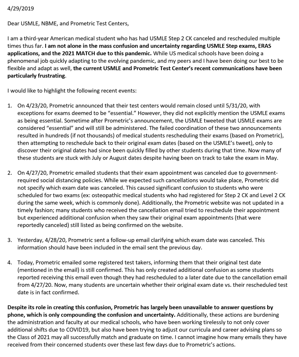 DisgruntledPGY1's tweet photo. Dear @TheUSMLE @NBMEnow @PrometricGlobal: There has been uncertainty &amp; confusion re: #USMLE #Step1 #Step2 during this pandemic. Your recent poor communication has added to the chaos. Take action to help the next gen of #doctors. #MedTwitter #StepUpUSMLE #StepUpNBME #StepUpMedEd https://t.co/1Rbby2mzUj