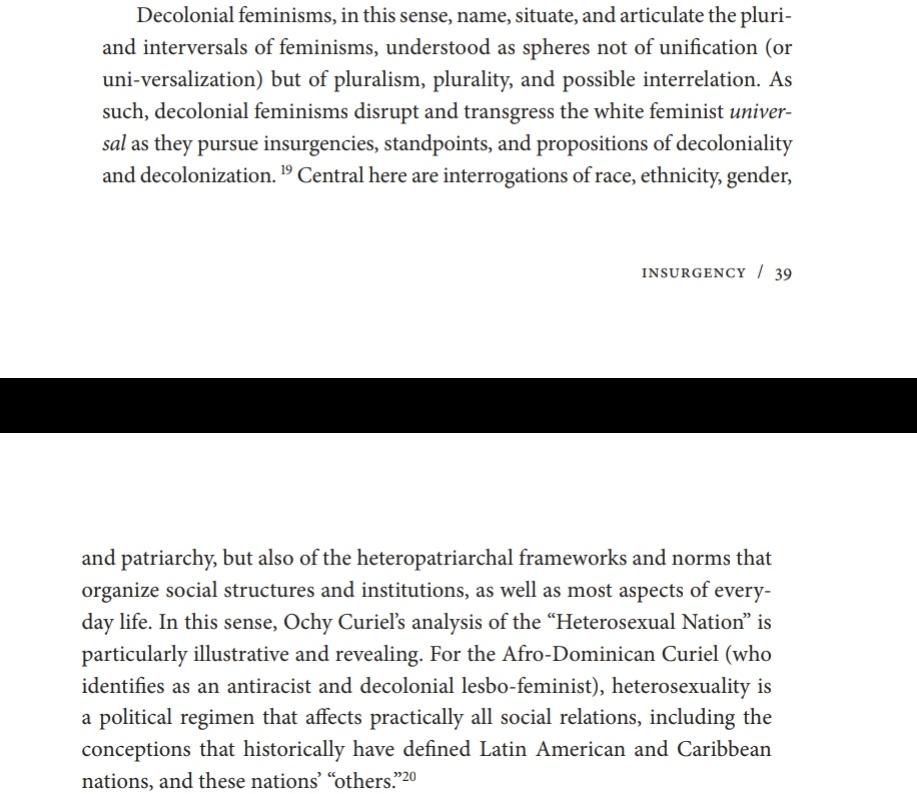 "As such, decolonial feminisms disrupt and transgress the white feminist universal as they pursue insurgencies, standpoints, and propositions of decoloniality and decolonization"