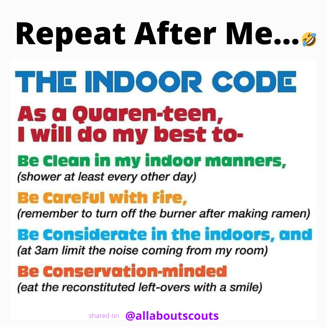 allaboutscouts's tweet photo. When you can't go outdoors, make an indoor code! Repeat after me... π€£
#allaboutscouts #theindoorcode #scoutfunnies #quarenteen #scoutmemes #scoutingathome https://t.co/Kd0813m4GY