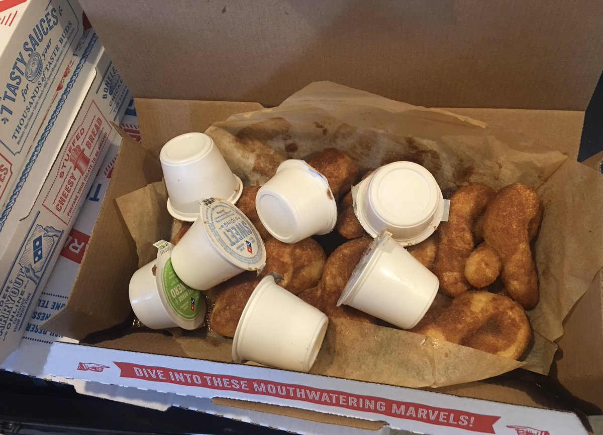 whoshazy's tweet photo. @dominos So much for contactless delivery. Hadnt ordered food for 2 months &amp; trusted your ads. Your driver opened my food and dropped all the sauces in it on my porch. Tipped $20 cash but had to sign cuz of it. Change the app to say tipping cash means contact. We threw it out. https://t.co/FUIZstokAx